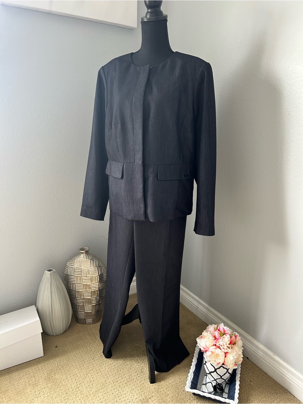 Calvin Klein Charcoal Women's Collarless Suit Jacket and Pants